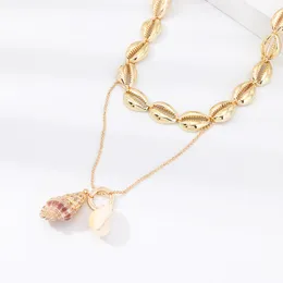 Partihandel-Fashion Multilayer Guldfärg Shell Halsband Naturkonj Hängsmycke Charm Smycken Set för Kvinnor Flickor Födelsedagspresent