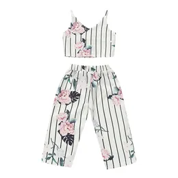 Baby Girls Flower Print Striped Kläder Sats Sommar Ärmlös Vest Sling T-shirt + Blommor Byxor 2 st / Set Mode Barn Outfits M1501