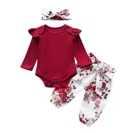 2020 Ny baby flicka solida färg toppar kläder nyfödda barn baby flickor kläder kläder romper bodysuit+blommor tryckta byxor set