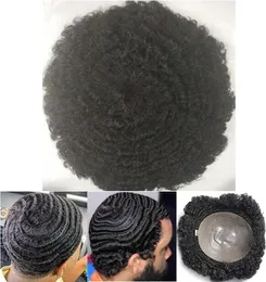 Afro Curl 360 Wave Full PU Toupee Mens Wig Lace Unit Hairpieces Brazilian Virgin Human Hair Replacement for Black Men