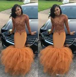 Dust Orange Mermaid Prom Dresses Black Girls Slay High Neck Long Sleeves See Though Top Beaded Tight Formal Evening Gowns Plus Siz2684