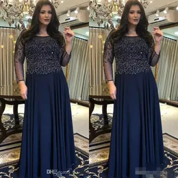Blue Plus Navy Size Mother of Bride Dresses Long Sleeves Scoop Neck Chiffon Floor Length Beaded Lace Applique Wedding Guest Party Gowns
