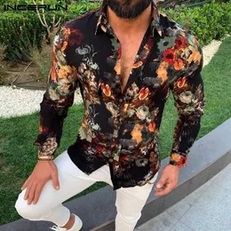 Män Casual Långärmad Blomma Tryckt Skjorta Mode Lapel Etnisk stil Knapp Down Mens Blus Komfort Social Top Hombre