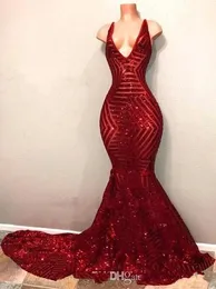 2020 sparkly red sequined mermaid prom klänningar djup v nacke ärmlös svart tjej domstol tåg prom klänningar plus storlek kväll festklänningar