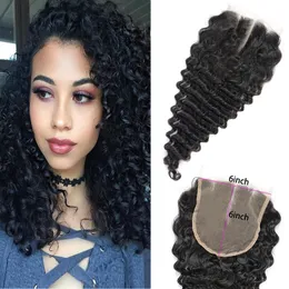 Peruvian Human Hair Extensions 6x6 Lace Closure Deep Wave Top Stänger 10-22 tum djup lockig naturlig färg med barnhår