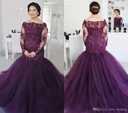 2019 New Deep Grape Mermaid Evening Dress Sexy Off the Shoulder Long Sleeves Formal Holiday Wear Prom Party Gown Custom Made Plus Size