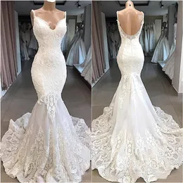 Abiti da sposa vintage a sirena Abiti da sposa sexy con applicazioni sottili in pizzo Spaghetti Sweep Train senza schienale Abito da sposa taglie forti