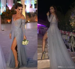 Off The 2019 Shoulder Evening Dresses Long Sleeves Grey Sexy High Slit Split A Line Lace Applique Sequins Formal Prom Party Dress pplique