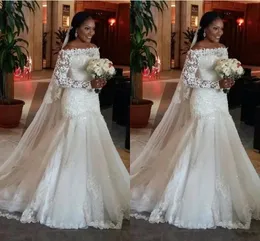 New Cheap Arabic Mermaid Wedding Dresses Bateau Off Shoulder Lace Appliques Beaded Plus Size Sweep Train Black Girl Formal Bridal Gowns