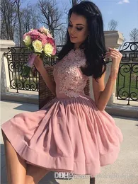 Günstige erröten rosa einfache A-Linie kurze Heimkehr Kleider Spitze Applikation Juwel Hals über Knie Länge formale Kleid Schwanz Party Kleider pplique bove