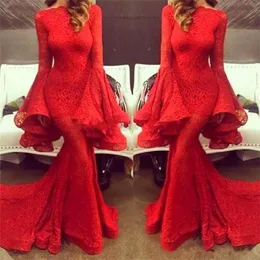 New Red Lace Mermaid Evening Dresses Long Sleeves Sweep Train Stunning Prom Dresses Party Gowns vestido longo de festa 2018