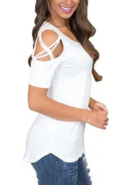 Kvinnor Sommar Kortärmad Strappy Cold Shoulder T-Shirt Toppar T-shirt Kvinnor Korta O-Hals Top Tees Feminina Camiseta Trend