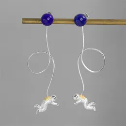 Inatur 925 Sterling Silver Lapis Lazuli Space Astronaut Long Tassel Drop Earrings För Kvinnor Mode Smycken CX200624