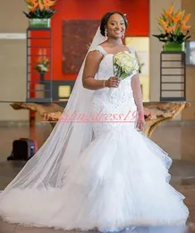 Abito da sposa a sirena con volant a balze in pizzo affascinante senza maniche Plus Size Abiti da sposa in tulle con perline Abiti da sposa Vestido de novia Abito da sposa africano