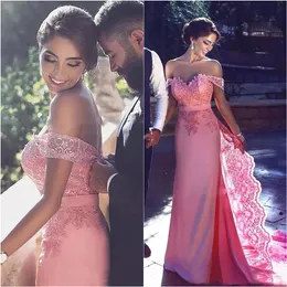 Elegante Spitze Sweep Zug Ballkleider Rosa Sexy Off The Shoulder Meerjungfrau Abendkleider Wasser Cocktail Formales Partykleid Günstig