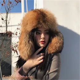 Unisex Winter Full Covered Real Fox Fur Hats Russian Ski Trapper Earflap Cap