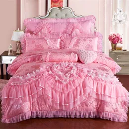 Różowa koronka ślub księżniczki luksusowy zestaw pościeli król rozmiar Queen jedwabna bawełna plama łóżko-zestaw kołdra okładka narzuta poszewka na poduszkę T200326
