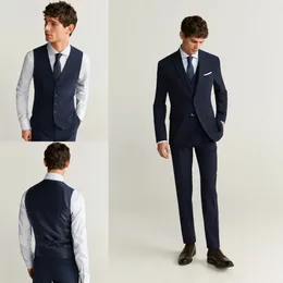 Navy Blue Tre Pieces Slim Fit Mans Suits Bröllop Grooms Tuxedos Notched Lapel Formell Blazer Prom Passar Jacket Vest och byxor