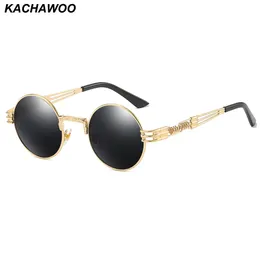 Luxury-Kachawoo Steampunk Solglasögon Polariserade kvinnor Guld Black Metal Frame Män Runda solglasögon speglade unisex gåva Dropship