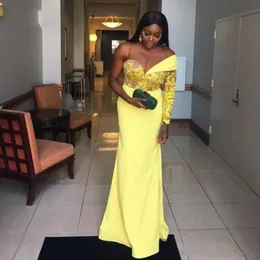 Black Girls Yellow Mermaid Prom Dresses Long One Sleeve Lace Appliques Abendkleider Formal Evening Party Gowns