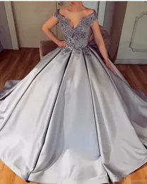 Sier Satin 2020 Ball Gown Prom Dresses 3D Floral Applique Sexy Off The Shoulder Cap Sleeves Sequins Custom Made Formal Evening Wear