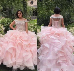 Vestidos de babados rosa de quinceanera miçudia do ombro personalizada feita de 16 festas de festas de aniversário de 16 anos vestido de esfera