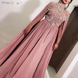 アラビアのシフォンロングイブニングドレス女性の有名人ドバイカフタンクリスタルジッパーハイネックプロム正社のガウン
