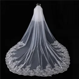 2020 New White Ivory Tulle Wedding Veils Voiles de Mariage Bridal Veil Bröllop Tillbehör med Lace Applique 3m 4m 5m 5m