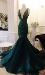 Sparkle Mörkgrön Sequined Lace Mermaid Prom Dresses 2018 Deep V-Neck Backless Sexy Long Prom Crows Party Dress Robe de Soiree