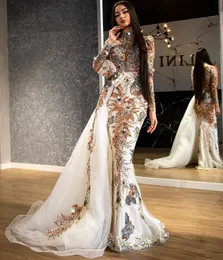 2020 Arabski ASO EBI Luksusowy koronki Zroszony Suknie wieczorowe Wysokiej szyi Prom Dresses Mermaid Formalne Party Druga Recepcja Suknie Zj225