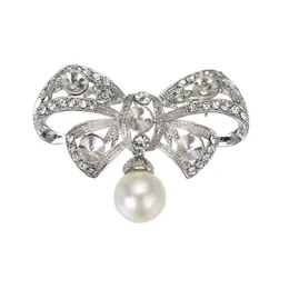 Silverpläterad Klar Rhinestone Crystal Bow och Pearl Drop Brosch 2 "