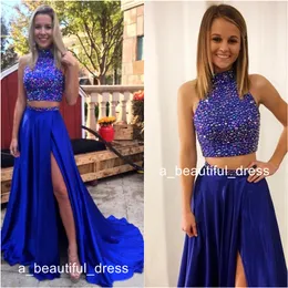 Dżetów Zroszony Crop Top Dwa Piece Prom Dresses High Neck Długie Party Suknie Wieczorowe Sexysplit Side Vestido Longo de Festa Formatura ED1240