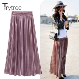 Юбки Trytree, весна-лето, плиссированная юбка, женская винтажная юбка с высокой талией, однотонные длинные юбки, новая мода, женская металлическая юбка