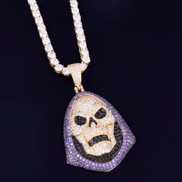 New Arrivals Purple CZ Stones Skull Pendant Men Skeleton Necklace Ice Out Cubic Zircon with 4mm tennis chain Gold Color Hip Hop Jewelry