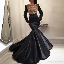 Eleganta svarta sjöjungfrun kvällsklänningar Nya långa ärmar Lace Beaded Islamic Dubai Saudiarabiska Formella Satin Party Gown for Women Prom Crow