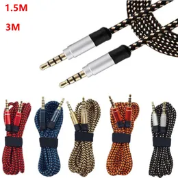 3,5mm Auxiliary Aux Extension Audio Cable Unbroken Metal Tyg flätad Male Stereo Cord 1,5m 3m för iPhone Samsung MP3 -högtalartablett PC