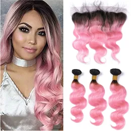 Rosa Ombre Mänskliga Hårbuntar Med Front Lace Closure Brazilian Body Wave # 1B Rosa Dark Root Ombre Vävar Virgin Hårbuntar med Frontal