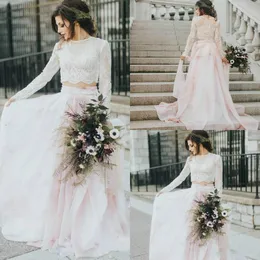 Skromny ogród Dwa kawałki koronkowe suknie ślubne Szyfonowa z długim rękawem Kraj boho Plus Rozmiar Robe de Mariée Suknia Balowa Bridal Dla Bride Custom
