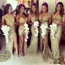 2020 Sexy Gold Pailletten Brautjungfer Kleider Fünf Arten High Split Abendkleider Meerjungfrau Sexy Open Back Sweep Zug Maid of Honor Gowns