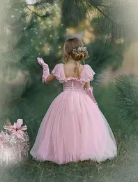 2020 Süße rosa Blumenmädchenkleider mit Handschuhen Günstige A-Linie mit Juwelenausschnitt Erstkommunionkleid Geburtstag Maßgeschneiderte Ballkleider Party246s
