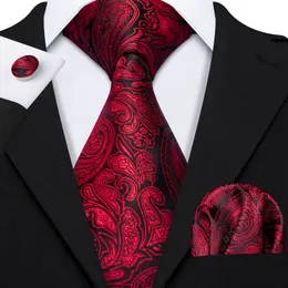 Fast Shipping Silk Tie Set Red Black Paisley Men's Wholesale Classic Jacquard Woven Necktie Pocket Square Cufflinks Wedding Business N-5148