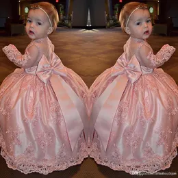 Peach Pink Tulle Flower Girls Dresses Sheer Neck Sleeveless Bow Floor Length Princess Little Kids Abiti da sposa per feste di compleanno