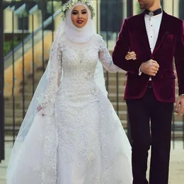 2019 Vit Muslim Bröllopsklänningar Hijab High Neck Saudiarabiska Blommor Långärmade Lace Beaded Applique Dubai Arabiska Mermaid Bridal Gowns