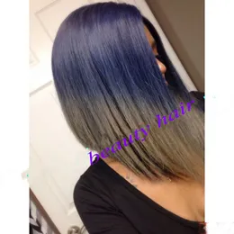 Synthetic lace front Wigs for Woman Blue Ombre Grey for African American Striaght short Bob Wig cosplay hair