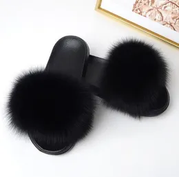 2019 Kvinnor Sommar Tofflor Flat Fox Fur Slippers Nature Real Fur Beach Flat Slides Strand Sandaler Lady Plush Furry Slides