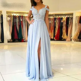 Vestido de Formatura Long Prom Klänningar från axeln A-Line High Slit Lace Chiffon Blue Evening Party Dress