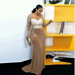 Elegant African Sheer Long Sleeves Satin Mermaid Evening Dresses Scoop Neck Beaded Crystals Plus Size Prom Mother Gowns Robe De Soiree