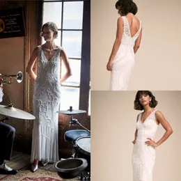 2019 bhldn sereia vestidos de casamento v pescoço pérolas pérolas chão comprimento vestido de noiva sexy volta country vestido robe de mariée plus