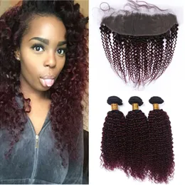 #1B/99J Wine Red Ombre Kinky Curly 3Bundles Brazilian Hair with Frontal Burgundy Ombre 13x4 Lace Frontal Closure with Human Hair Weaves