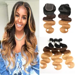 Ombre 1B / 4/27 Mänskliga hårbuntar med stängning Brasiliansk Virgin Hair Body Wave 3 buntar med stängning Vävhår för svarta kvinnor